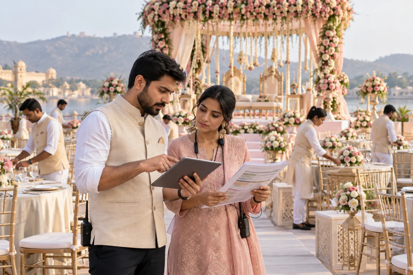Illustrative scene of Indian wedding coordinators reviewing event plans